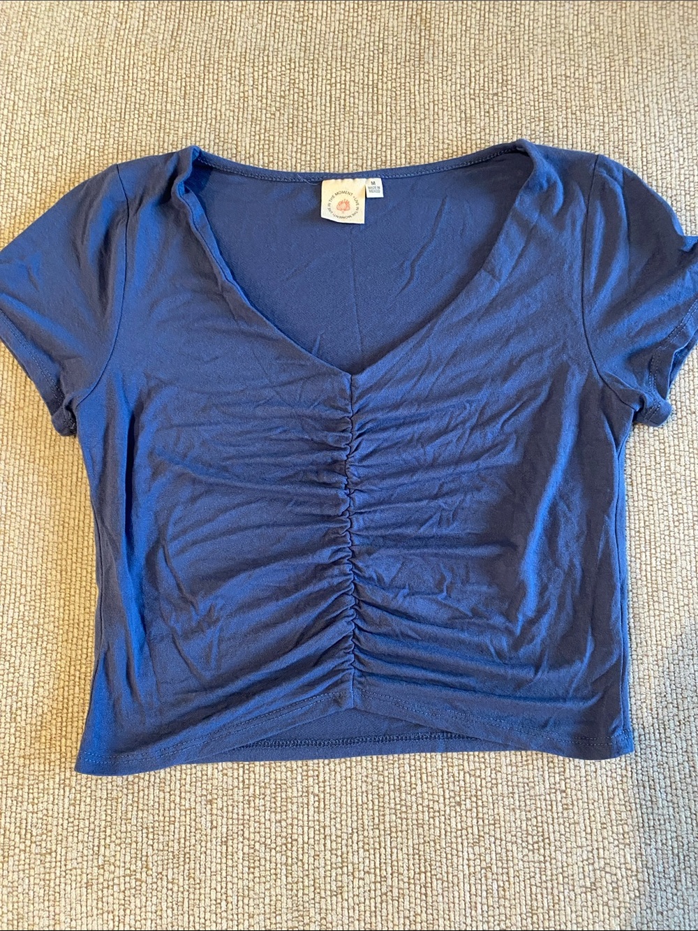 Ruched V-Neck Short Sleeve Crop Top - Navy